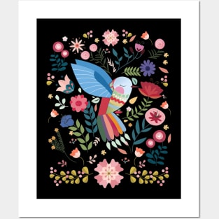 Folk Art Inspired Hummingbird With A Flurry Of Flowers Posters and Art